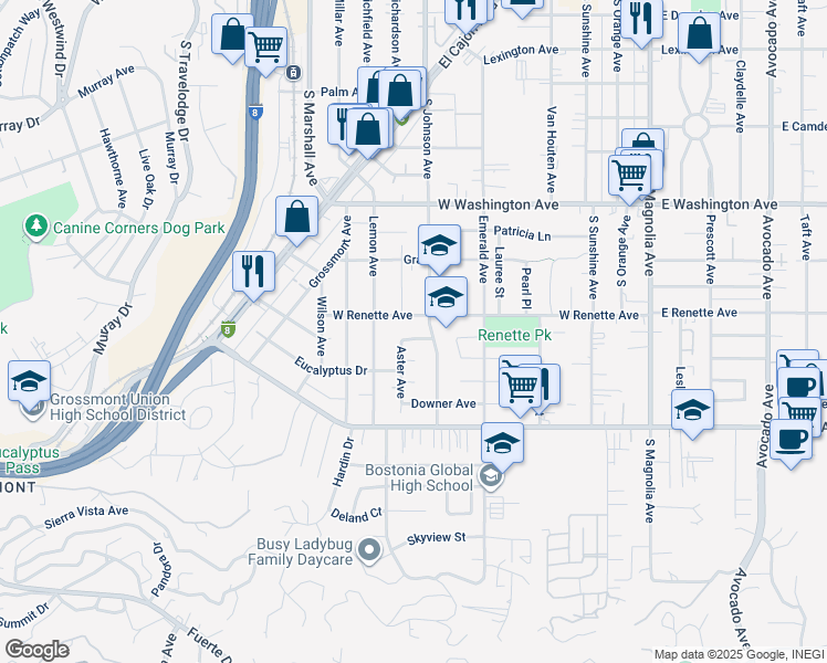 map of restaurants, bars, coffee shops, grocery stores, and more near 754 Paulsen Avenue in El Cajon