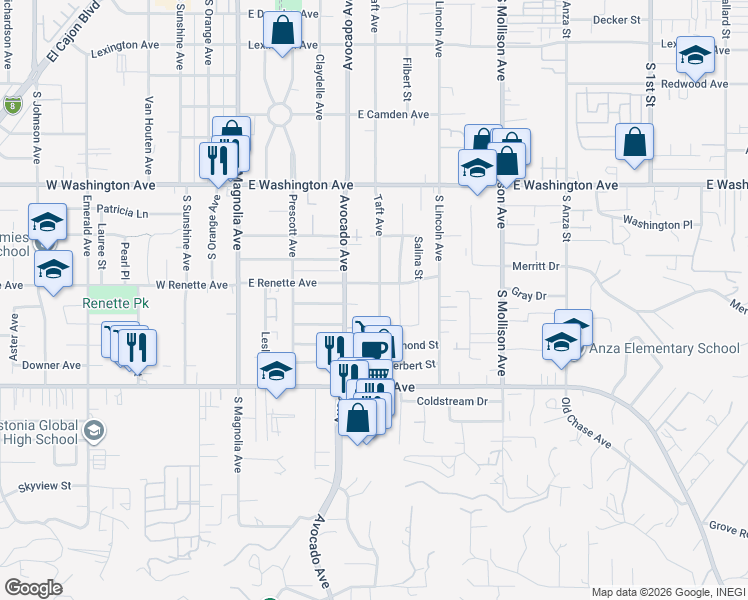 map of restaurants, bars, coffee shops, grocery stores, and more near 926 Taft Avenue in El Cajon