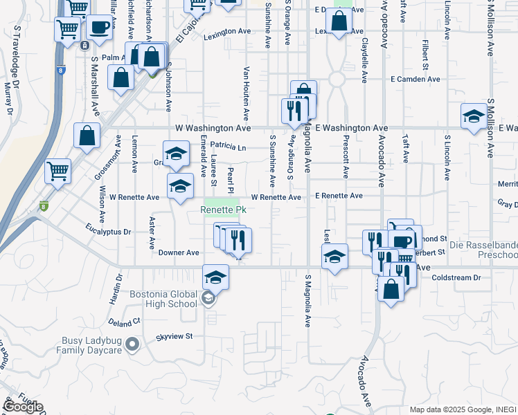 map of restaurants, bars, coffee shops, grocery stores, and more near 378 West Renette Avenue in El Cajon