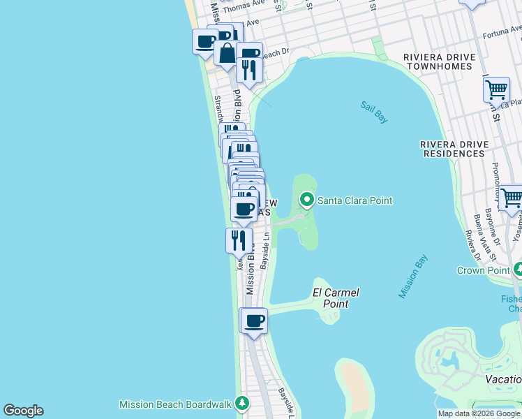 map of restaurants, bars, coffee shops, grocery stores, and more near 7150 Bayside Lane in San Diego