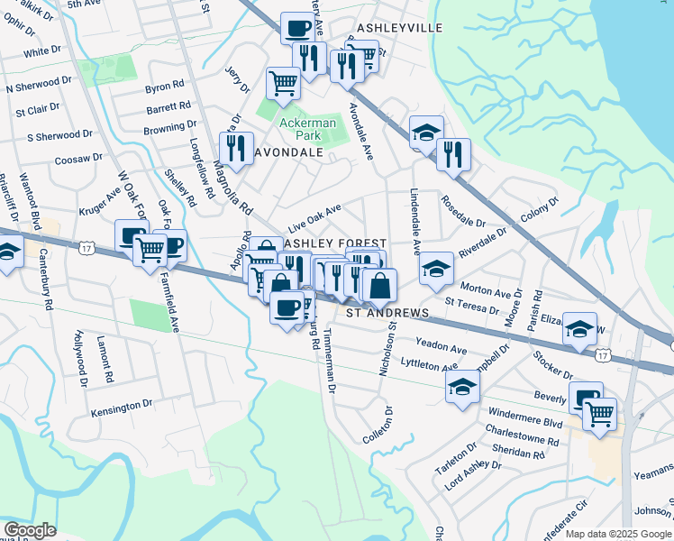 map of restaurants, bars, coffee shops, grocery stores, and more near 115 Magnolia Road in Charleston