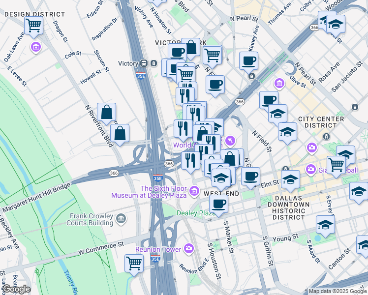 map of restaurants, bars, coffee shops, grocery stores, and more near 600 Continental Avenue in Dallas