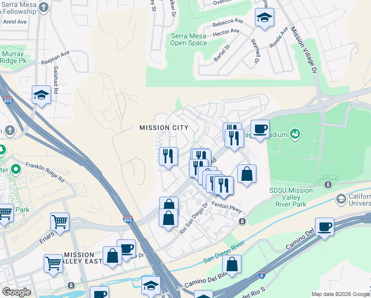 map of restaurants, bars, coffee shops, grocery stores, and more near 2770 Piantino Circle in San Diego