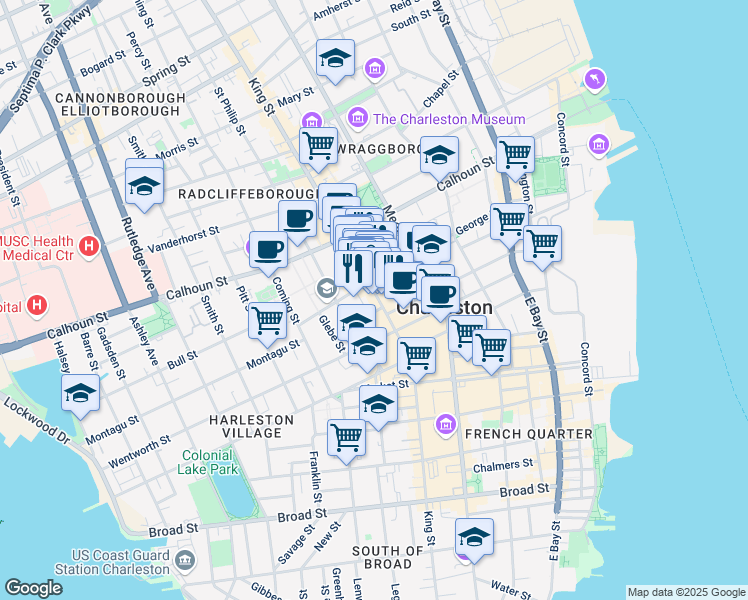 map of restaurants, bars, coffee shops, grocery stores, and more near 307 King Street in Charleston