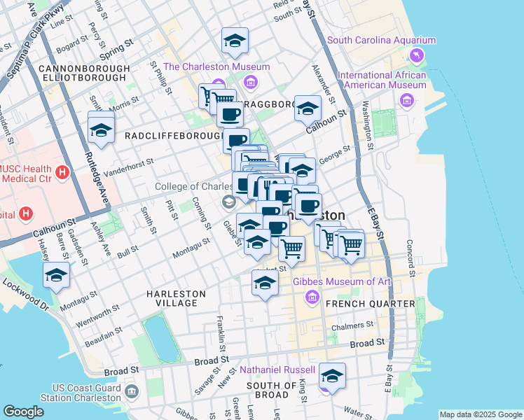 map of restaurants, bars, coffee shops, grocery stores, and more near 307 King Street in Charleston