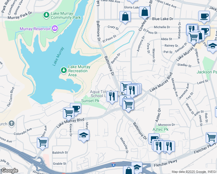 map of restaurants, bars, coffee shops, grocery stores, and more near 5700 Baltimore Drive in La Mesa
