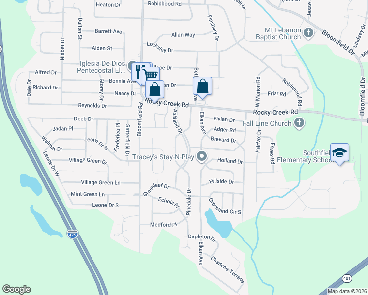 map of restaurants, bars, coffee shops, grocery stores, and more near 4328 Pinedale Drive in Macon