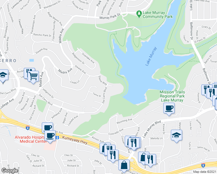 map of restaurants, bars, coffee shops, grocery stores, and more near 6915 Elaine Way in San Diego