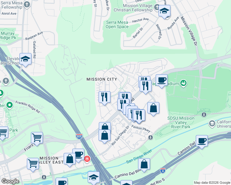 map of restaurants, bars, coffee shops, grocery stores, and more near 2735 Piantino Circle in San Diego