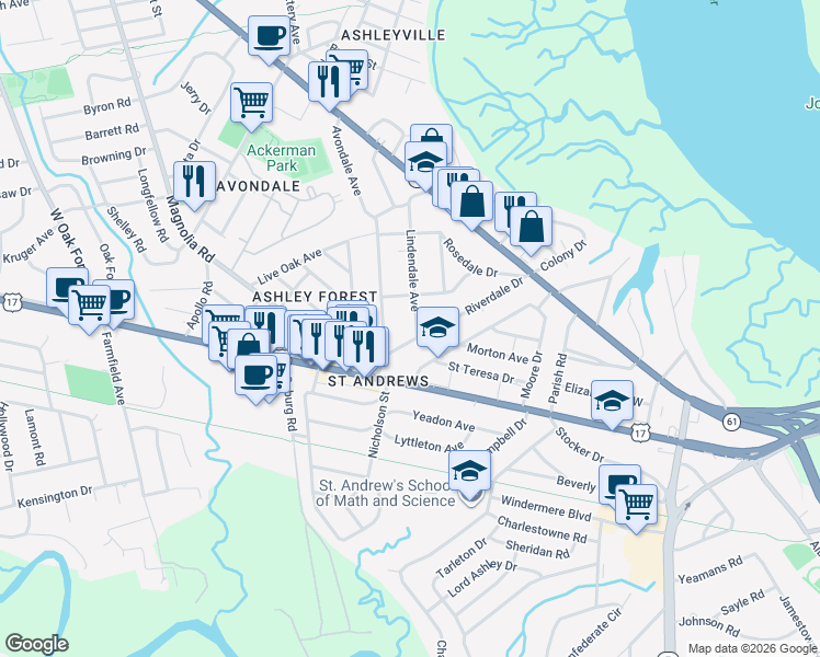 map of restaurants, bars, coffee shops, grocery stores, and more near 3 Lindendale Avenue in Charleston