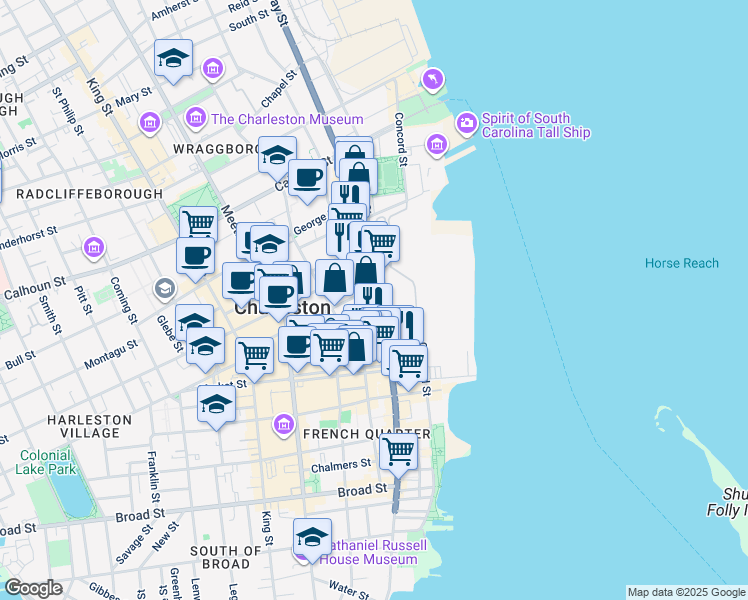 map of restaurants, bars, coffee shops, grocery stores, and more near 280 East Bay Street in Charleston