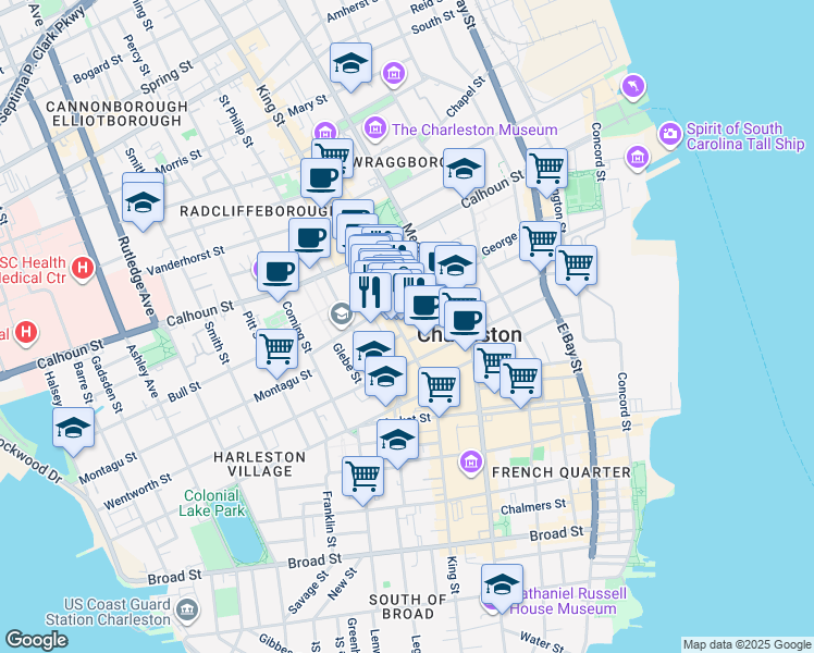 map of restaurants, bars, coffee shops, grocery stores, and more near in Charleston
