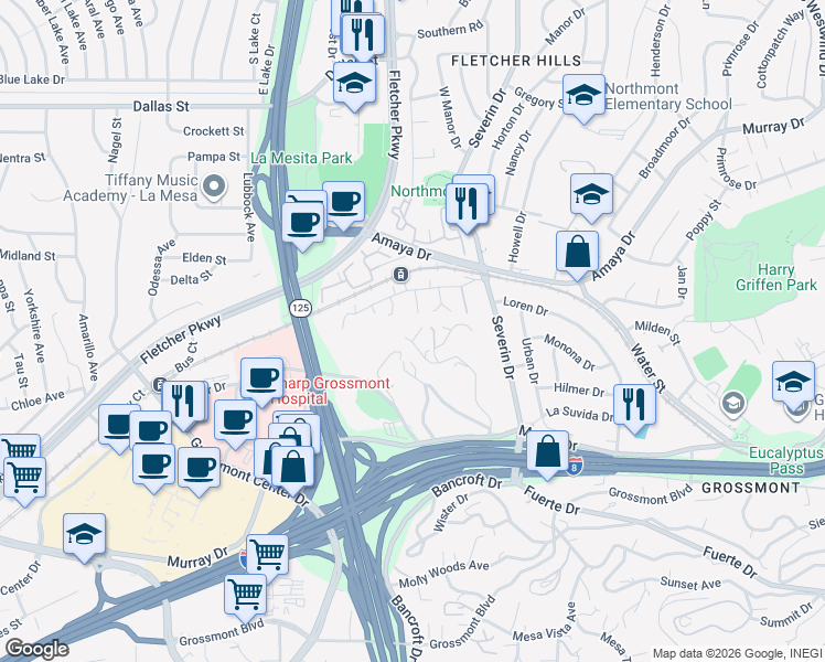 map of restaurants, bars, coffee shops, grocery stores, and more near 9100 Brier Road in La Mesa