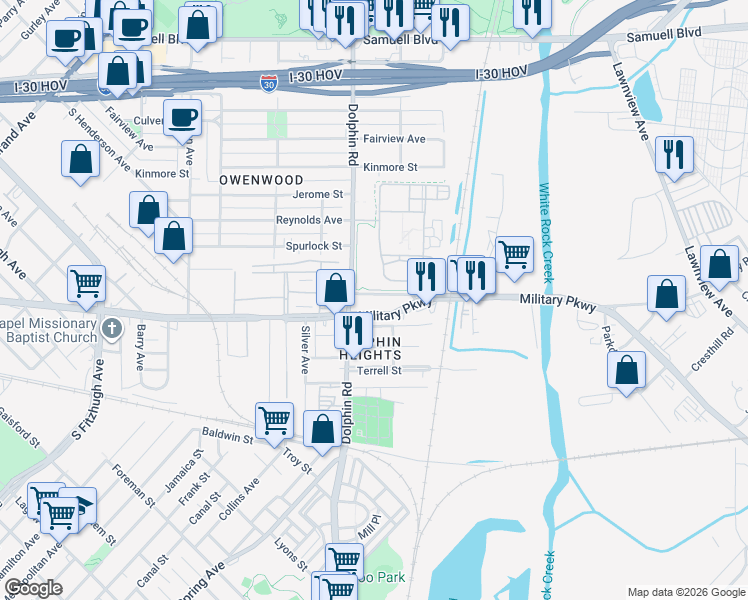 map of restaurants, bars, coffee shops, grocery stores, and more near 3423 Forney Road in Dallas