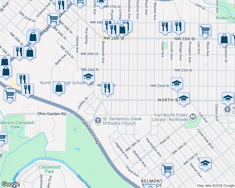 map of restaurants, bars, coffee shops, grocery stores, and more near 2117 Loving Avenue in Fort Worth