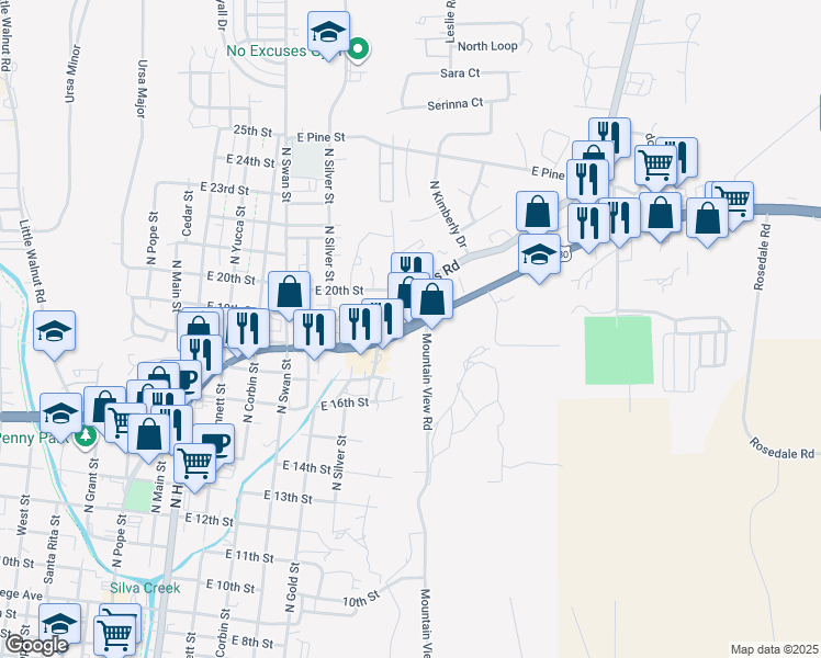 map of restaurants, bars, coffee shops, grocery stores, and more near 1506 Silver Heights Blvd in Silver City