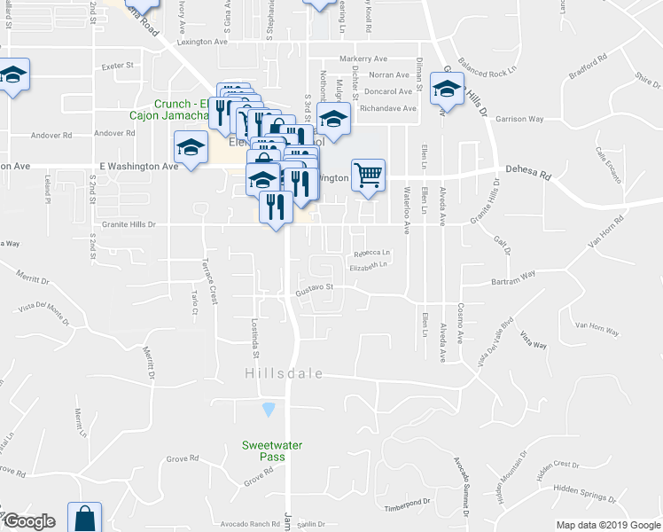 map of restaurants, bars, coffee shops, grocery stores, and more near 933 Amistad Court in El Cajon