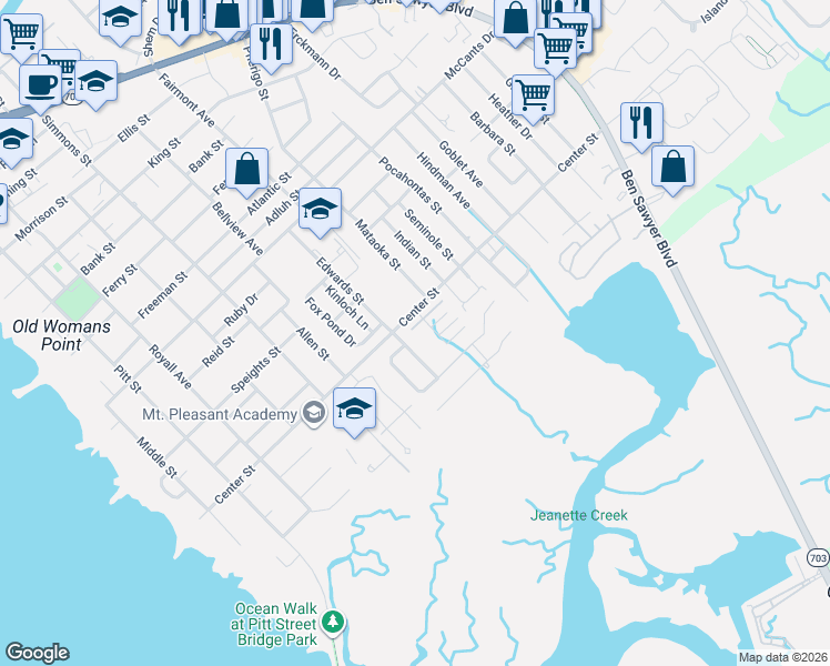 map of restaurants, bars, coffee shops, grocery stores, and more near 707 Center Street in Mount Pleasant