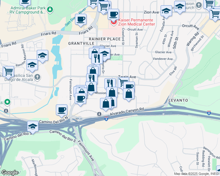 map of restaurants, bars, coffee shops, grocery stores, and more near 4571 Twain Avenue in San Diego