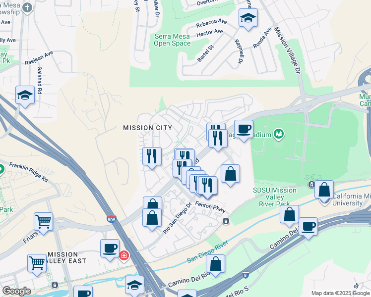 map of restaurants, bars, coffee shops, grocery stores, and more near 2500 Northside Drive in San Diego