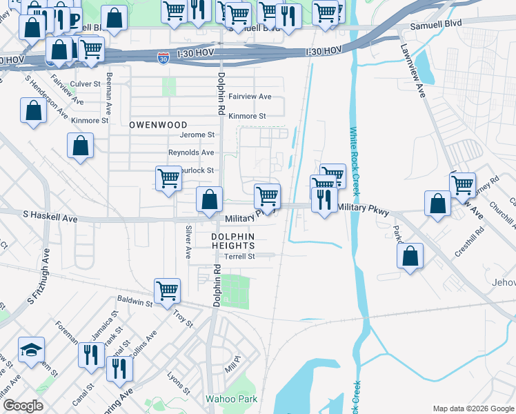 map of restaurants, bars, coffee shops, grocery stores, and more near 3525 Forney Road in Dallas