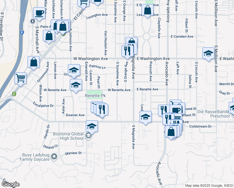 map of restaurants, bars, coffee shops, grocery stores, and more near 187 West Renette Avenue in El Cajon