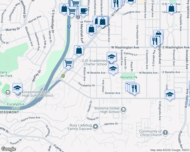 map of restaurants, bars, coffee shops, grocery stores, and more near 882 West Renette Avenue in El Cajon