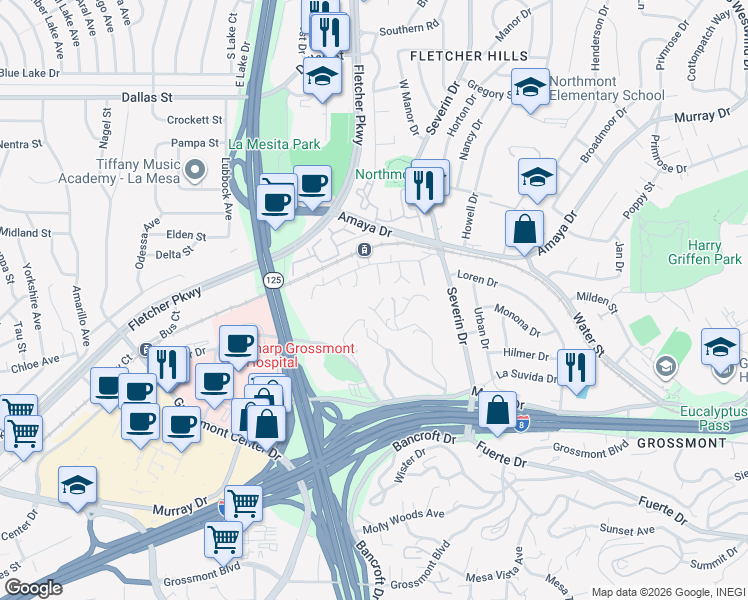 map of restaurants, bars, coffee shops, grocery stores, and more near 9100 Brier Road in La Mesa