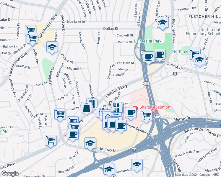 map of restaurants, bars, coffee shops, grocery stores, and more near 8715 Mellmanor Drive in La Mesa