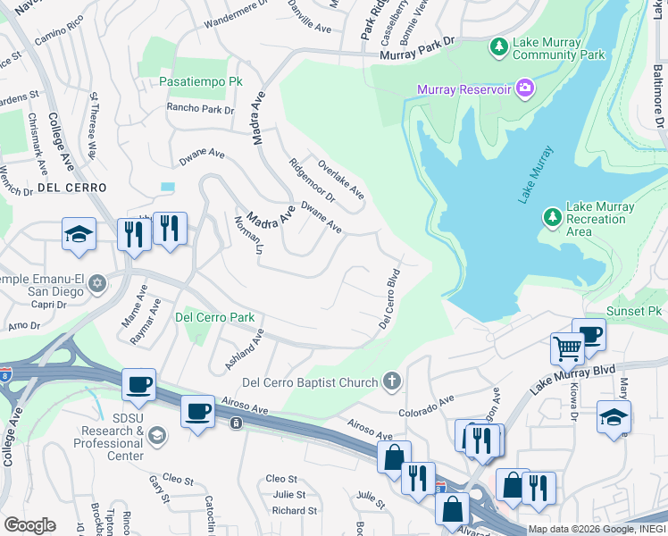 map of restaurants, bars, coffee shops, grocery stores, and more near 6646 Norman Lane in San Diego