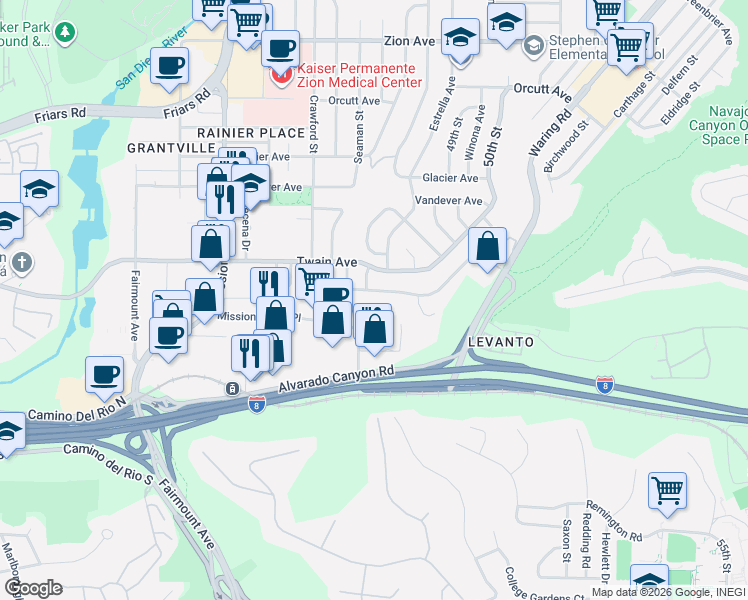 map of restaurants, bars, coffee shops, grocery stores, and more near 6055 48th Street in San Diego