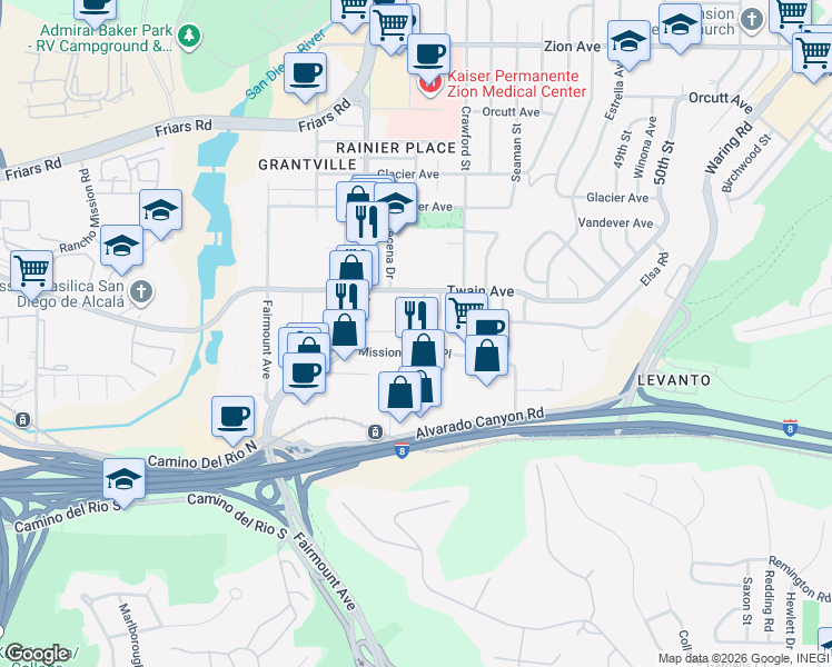 map of restaurants, bars, coffee shops, grocery stores, and more near 4571 Twain Avenue in San Diego