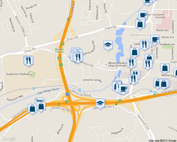 map of restaurants, bars, coffee shops, grocery stores, and more near 6049 Rancho Mission Road in San Diego