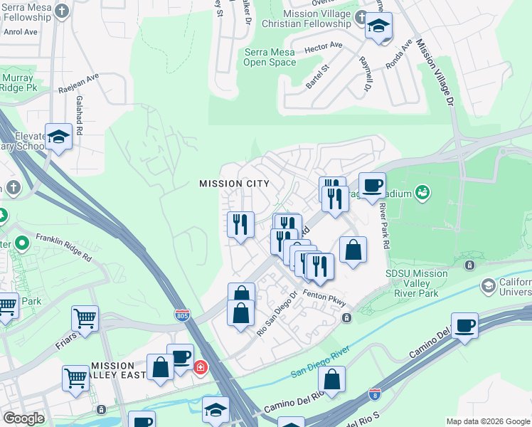 map of restaurants, bars, coffee shops, grocery stores, and more near 2735 Piantino Circle in San Diego