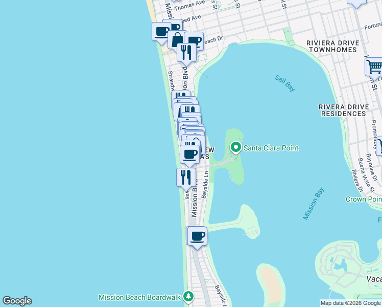 map of restaurants, bars, coffee shops, grocery stores, and more near 3775 Strandway in San Diego