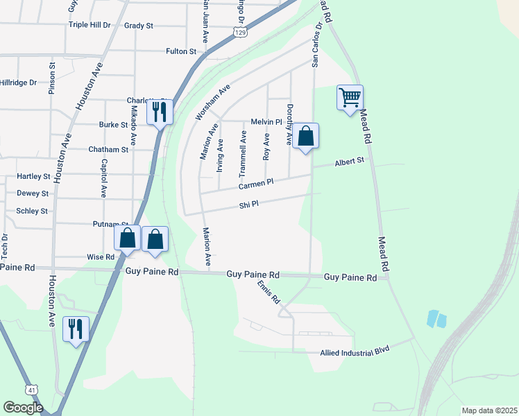 map of restaurants, bars, coffee shops, grocery stores, and more near 603 Shi Place in Macon