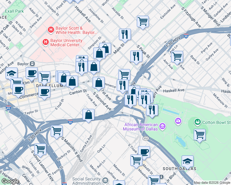 map of restaurants, bars, coffee shops, grocery stores, and more near 3903 Commerce Street in Dallas