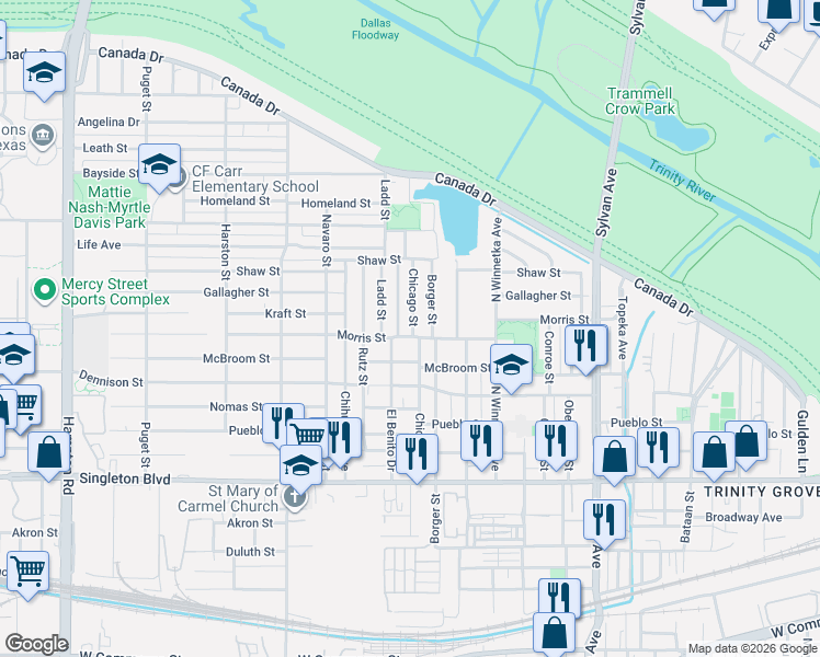map of restaurants, bars, coffee shops, grocery stores, and more near 3417 Chicago Street in Dallas