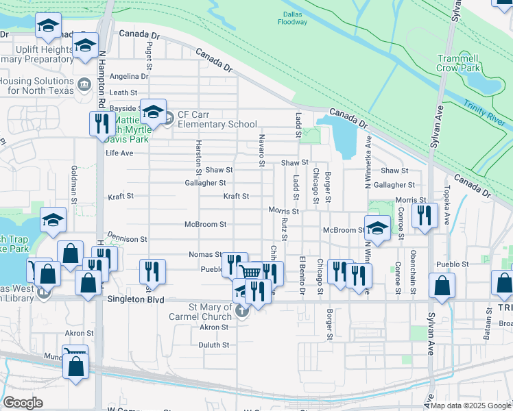 map of restaurants, bars, coffee shops, grocery stores, and more near 3414 Navaro Street in Dallas