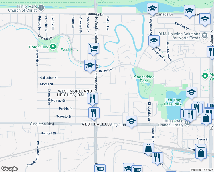 map of restaurants, bars, coffee shops, grocery stores, and more near 3500 Melinda Hills Drive in Dallas
