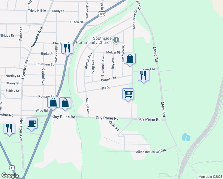 map of restaurants, bars, coffee shops, grocery stores, and more near 603 Shi Place in Macon