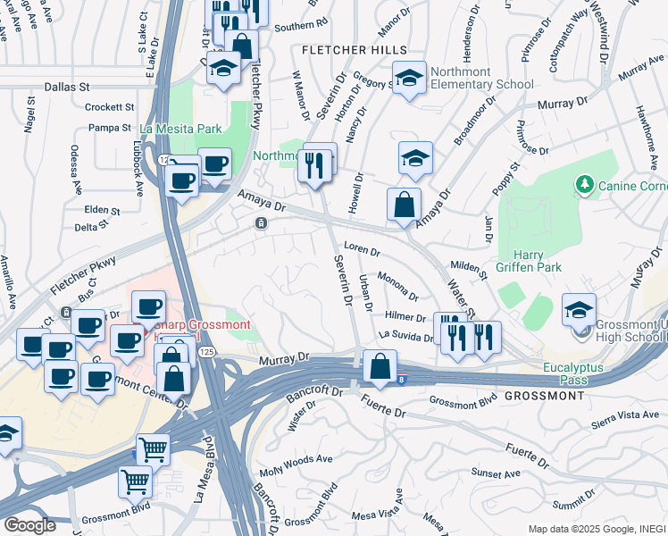 map of restaurants, bars, coffee shops, grocery stores, and more near 5810 Severin Drive in La Mesa