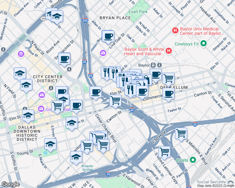 map of restaurants, bars, coffee shops, grocery stores, and more near 2525 Elm Street in Dallas