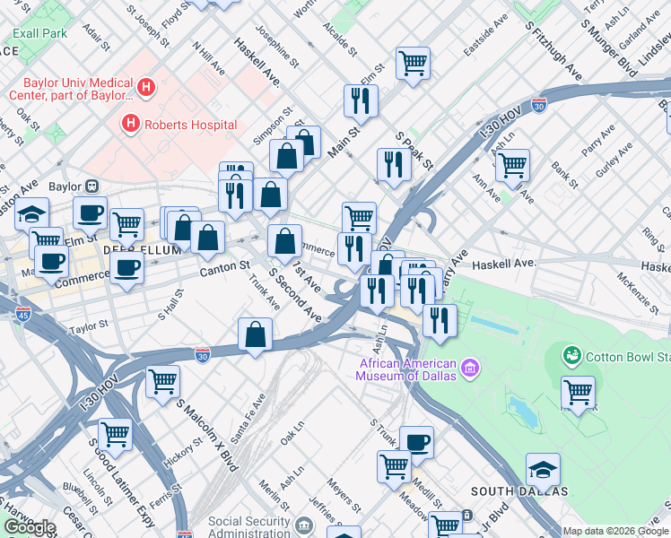 map of restaurants, bars, coffee shops, grocery stores, and more near 500 Exposition Avenue in Dallas