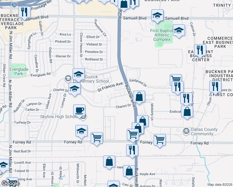 map of restaurants, bars, coffee shops, grocery stores, and more near 4727 Saint Francis Avenue in Dallas