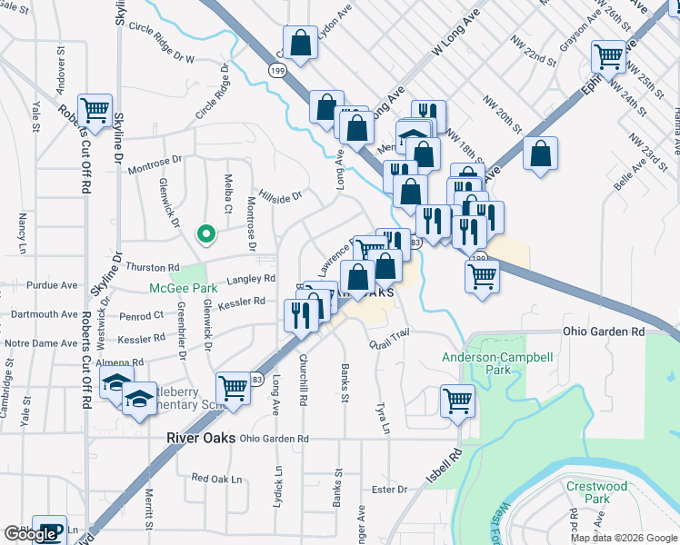 map of restaurants, bars, coffee shops, grocery stores, and more near 4416 Almena Road in River Oaks