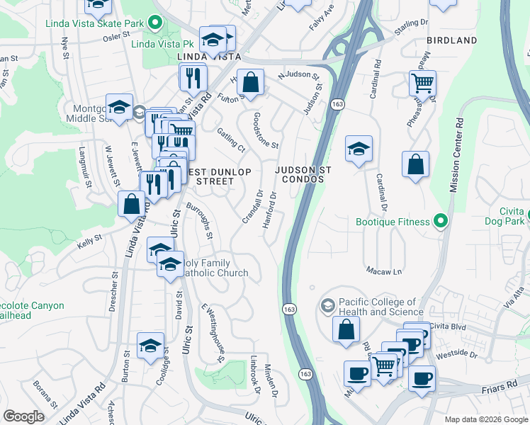 map of restaurants, bars, coffee shops, grocery stores, and more near 7485 Gateshead Street in San Diego