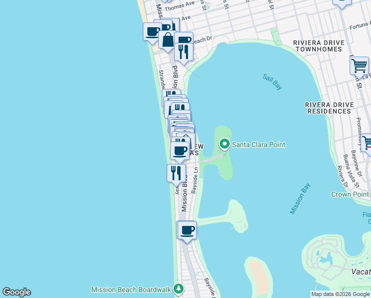 map of restaurants, bars, coffee shops, grocery stores, and more near 7150 Bayside Lane in San Diego