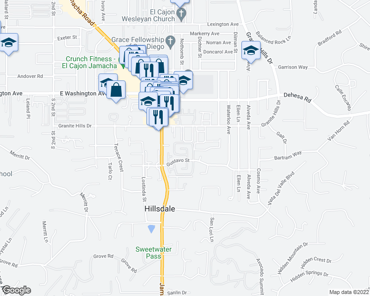 map of restaurants, bars, coffee shops, grocery stores, and more near 933 Amistad Court in El Cajon