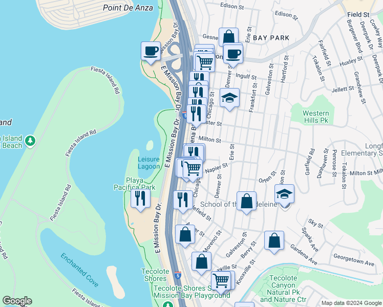 map of restaurants, bars, coffee shops, grocery stores, and more near 2065 Morena Boulevard in San Diego